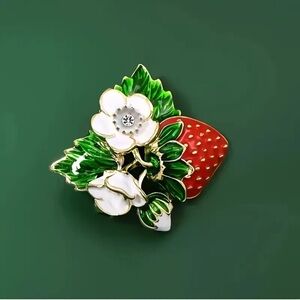 Strawberry Brooch Enameled with Floral Accents Gold Tone